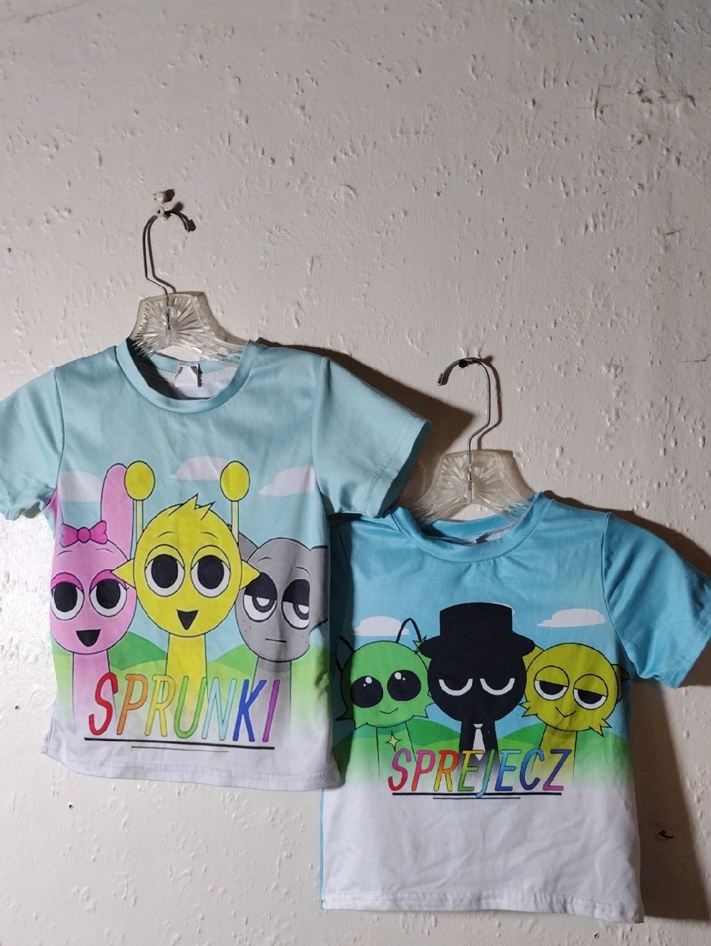 Set Of 2,size5/6,Sprunki,Kids Cartoon Character T-Shirts - Light Blue, White